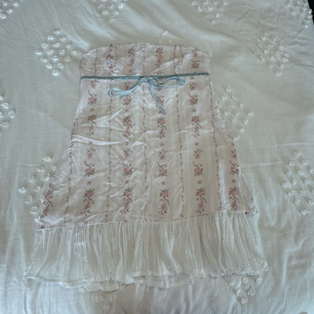 Women’s Floral Strapless Cream Mini Dress with Blue Bow
